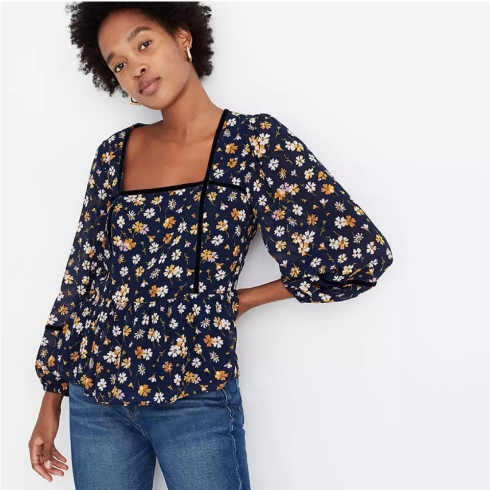 Madewell Velvet Trim Square Neck Top - Floral Print